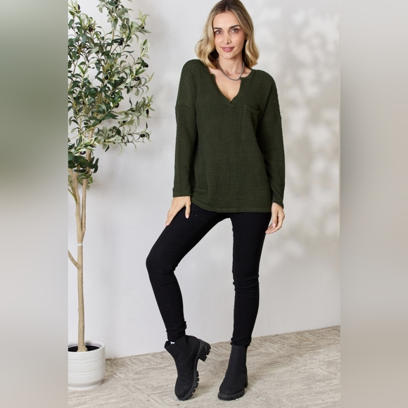 BiBi Designer Olive Notched Popcorn Waffle V-Neck Long Sleeve Top - Picture 7 of 7
